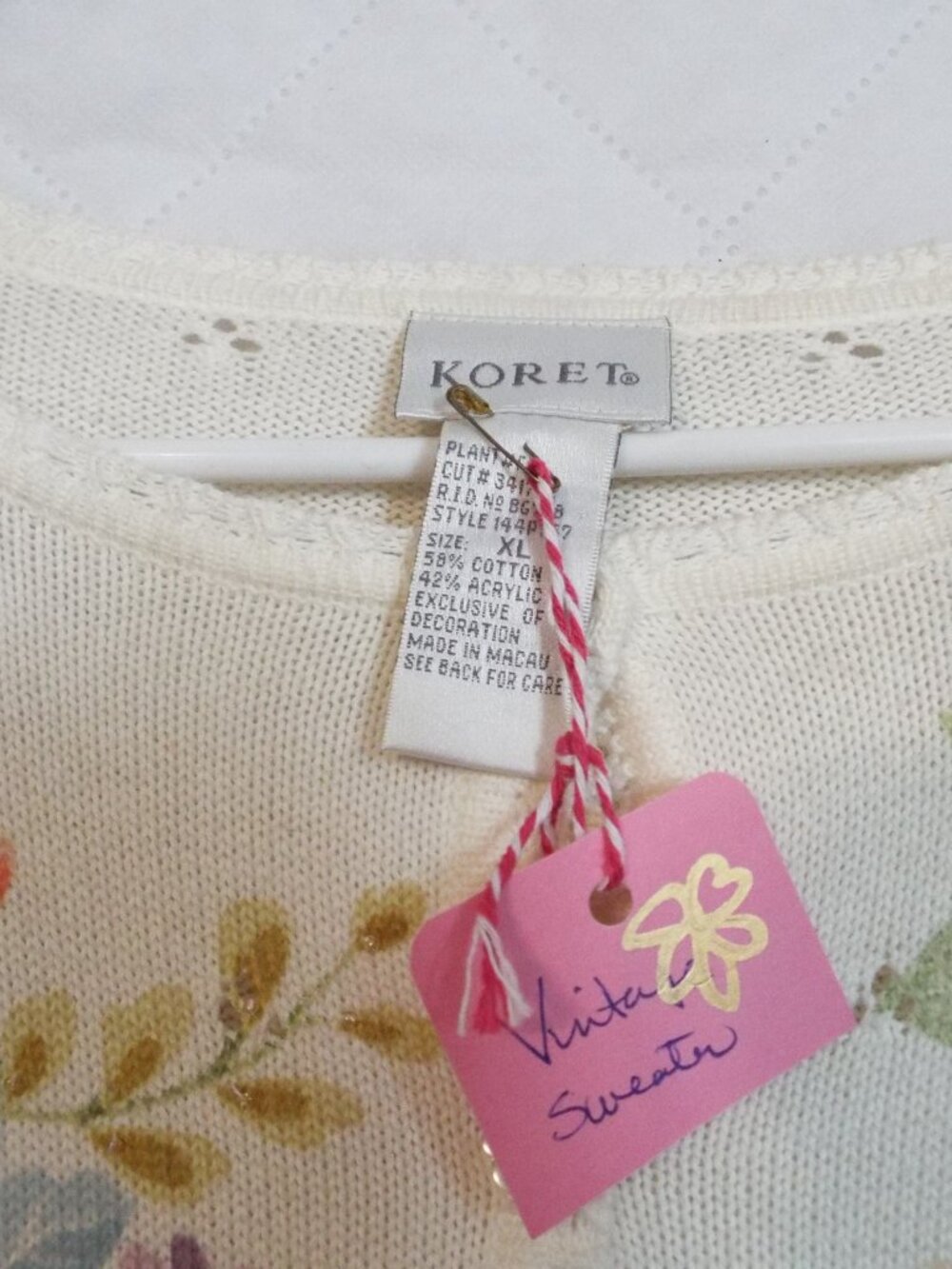 Vintage Koret Ivory Floral Long Cardigan Sweater Size XL - Picture 2 of 7